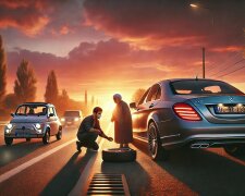 Na poboczu stał luksusowy mercedes, obok niego niespokojna starsza dama. "Wyraźnie potrzebowała pomocy", pomyślał Irji, gwałtownie wciskając hamulec
