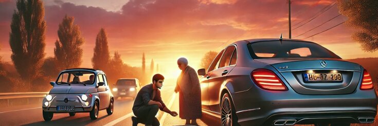 Na poboczu stał luksusowy mercedes, obok niego niespokojna starsza dama. "Wyraźnie potrzebowała pomocy", pomyślał Irji, gwałtownie wciskając hamulec